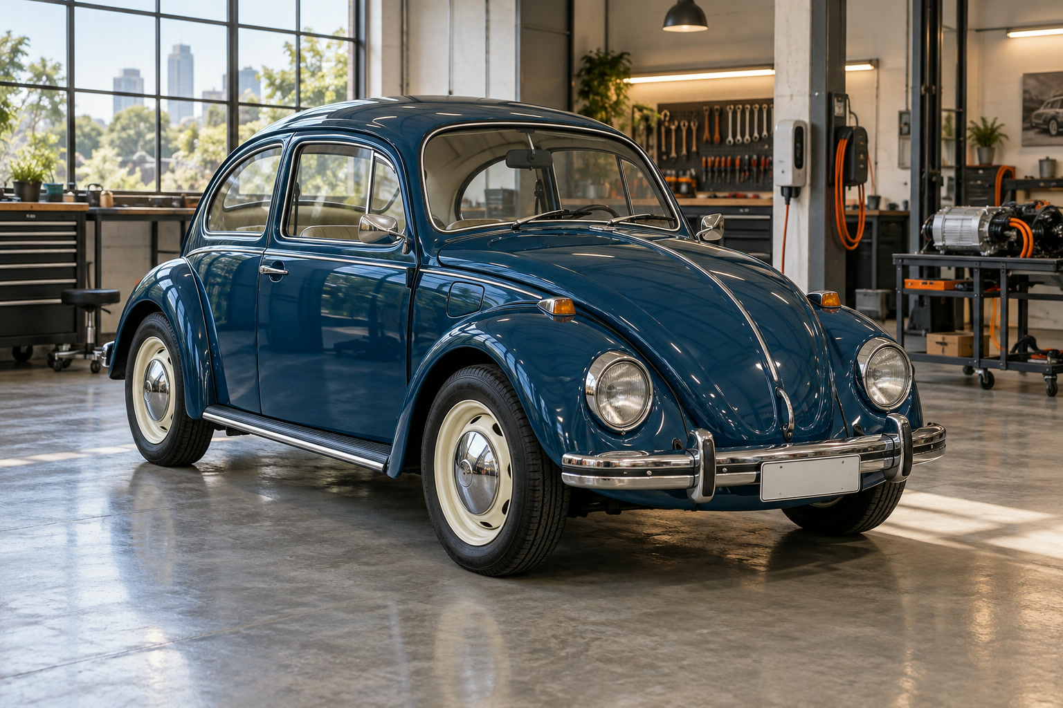 Fusca azul-petróleo com a lataria original, parado dentro da oficina